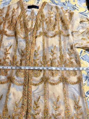 Blue Rain Sheer Embroidered Floral Overlay in Yellow and Blue, size M